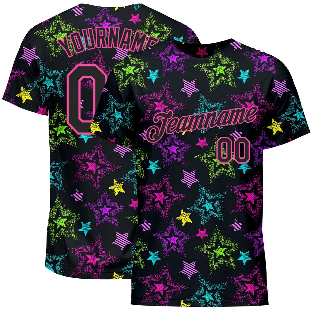 Custom Graffiti Pattern Black-Pink 3D Creative Colorful Stars Performance T-Shirt