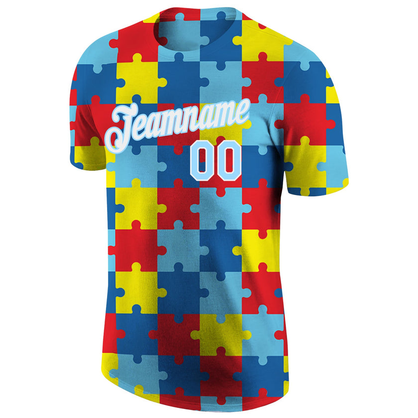 Custom Autism Awareness Puzzle Pieces Light Blue-White 3D Performance T-Shirt